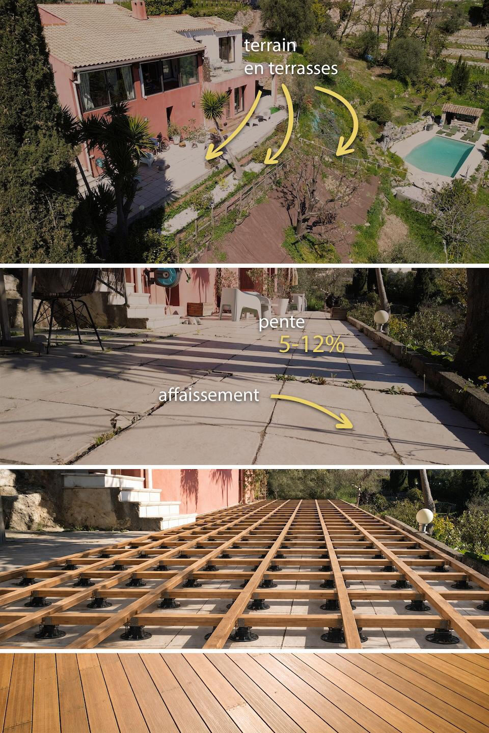 Premier projet : transformer une ancienne terrasse en terrasse bois Structure de terrasse bois sur plots en cours de conception, montrant la transformation d’une ancienne terrasse carrelée en un espace extérieur durable, esthétique et bien pensé.